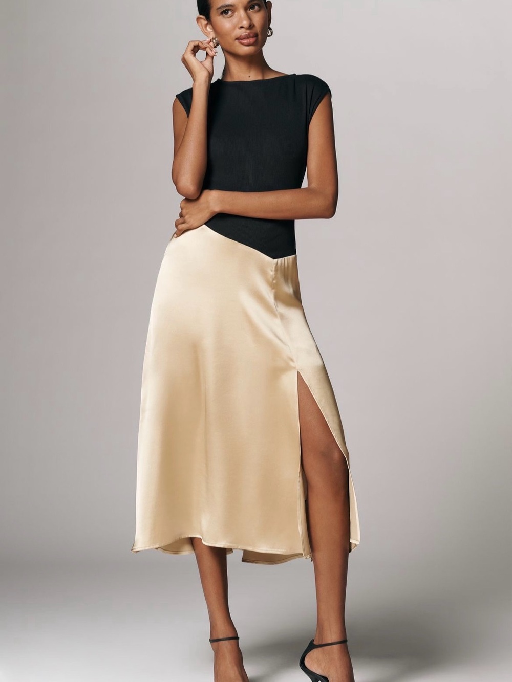 Maeve Asymmetrical Cap Sleeve Twofer Midi Dress